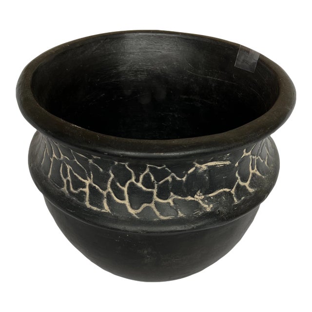 Hand Painted Black Clay Pot/Vase With Cracked Design For Sale