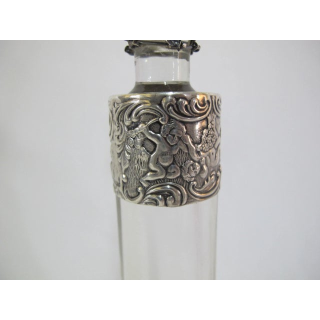 Antique Mauser Sterling Silver Repousse Cherub Overlay Etched Crystal Decanter For Sale - Image 4 of 13