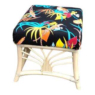 Bird-Print Rattan Ottoman For Sale