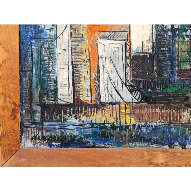 Richard Dempsey Early Modern Orange, Blue, and Yellow Toned Abstract City Landscape Painting, Mid 20th Century For Sale - Image 9 of 12