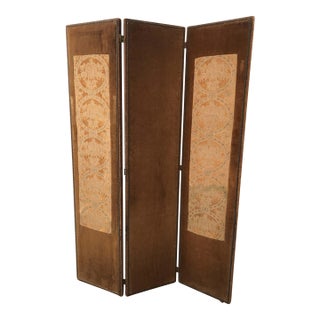 Antique Velvet, Tapestry and Nail Heads Three-Panel Folding Screen For Sale