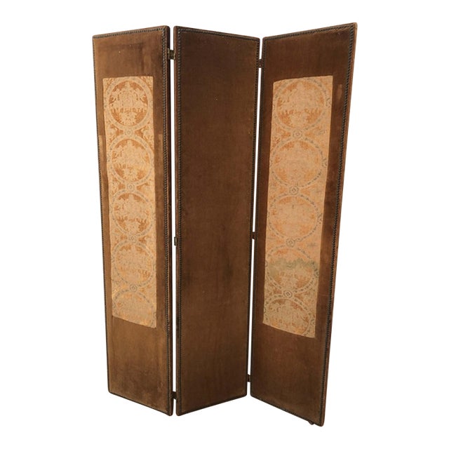 Antique Velvet, Tapestry and Nail Heads Three-Panel Folding Screen For Sale