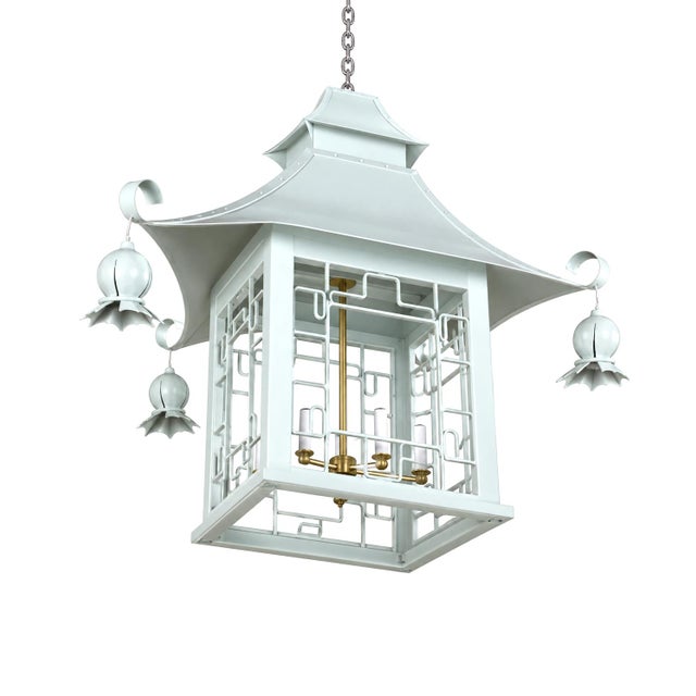 Vintage Chinoiserie Light Blue Iron Four-Lamp Pagoda Chandelier For Sale - Image 9 of 11