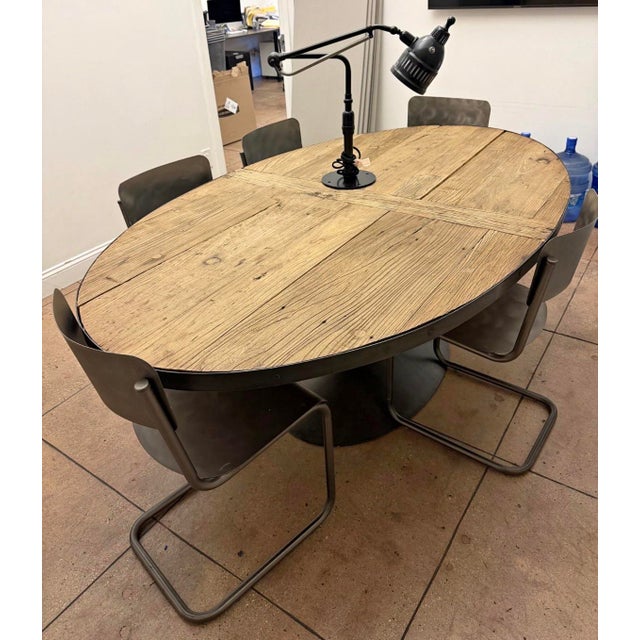 1990s Reclaimed Solid Wood Oval Table With Iron Base From Restoration Hardware Retired Collection For Sale - Image 5 of 5