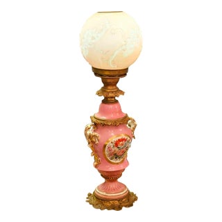 French Style Pink Porcelain Table Lamp With Gold Gilt Bronze Details For Sale