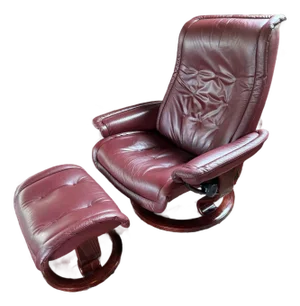 Vintage Stressless Ekornes MCM Burgundy (Red-Brown) Leather Lounge Chair & Ottoman