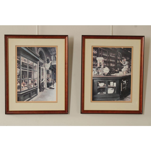 High Quality Vintage Pair of Framed Illustrative Prints of 19th Century New Orleans Pharmacie (Now the New Orleans...