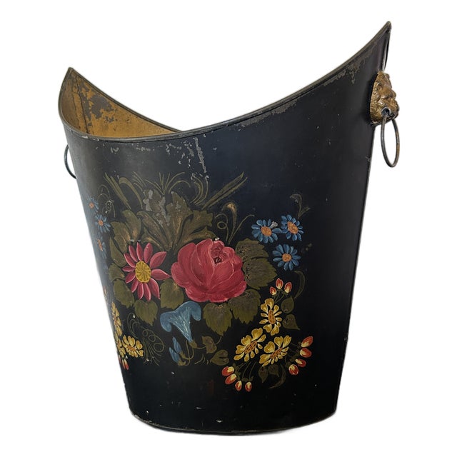 Antique Style Hand Painted Tole Cachepot With Lion Mask Handles For Sale