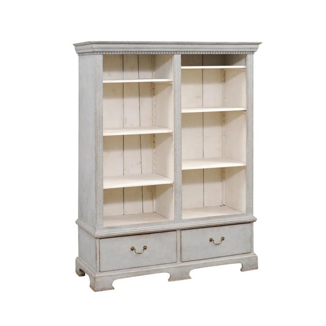 Mid 19th Century Swedish 1850s Gray Painted Bookcase with Open Shelves and Two Drawers For Sale - Image 5 of 12