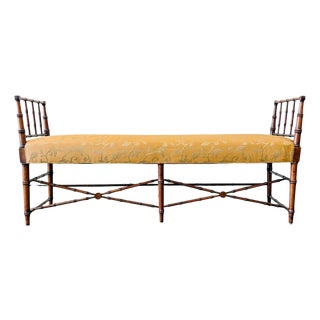 1960s French Regency Faux Bamboo Window Bench in Gold Floral Damask For Sale