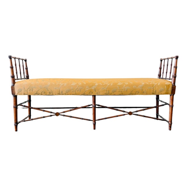 1960s French Regency Faux Bamboo Window Bench in Gold Floral Damask For Sale