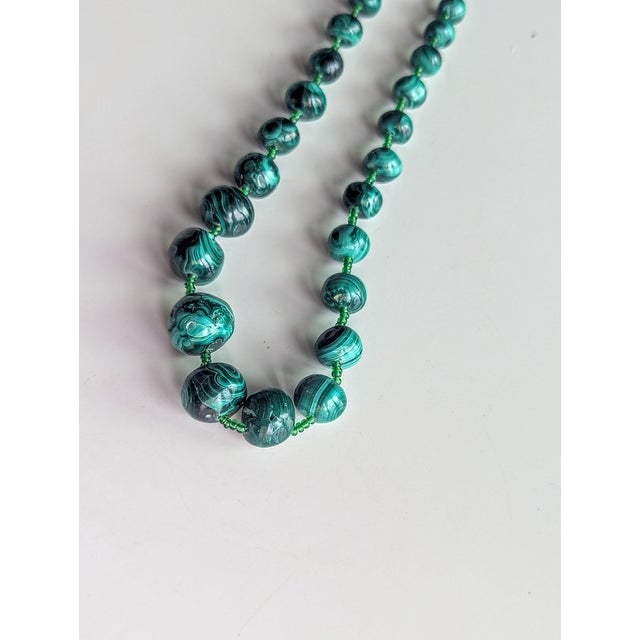 African Vintage Malachite Necklace Graduated Beads Spaced With Glass Beads, 22" For Sale - Image 3 of 4