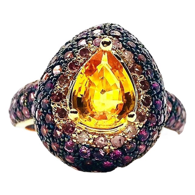 Bochic "Orient" Vintage Fancy Sapphire & Cognac Diamond Ring Set In 18K Gold & Silver For Sale