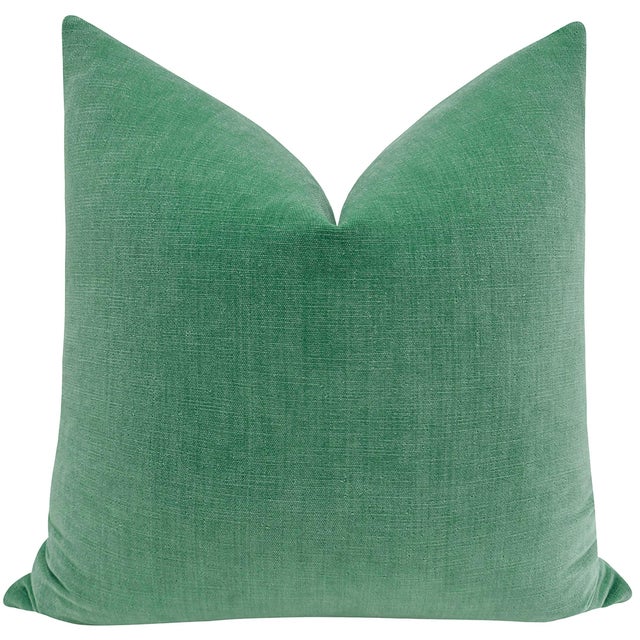 Pair of beautiful custom-made designer chenille pillows in jade. Meticulously handcrafted with serged interior seams,...