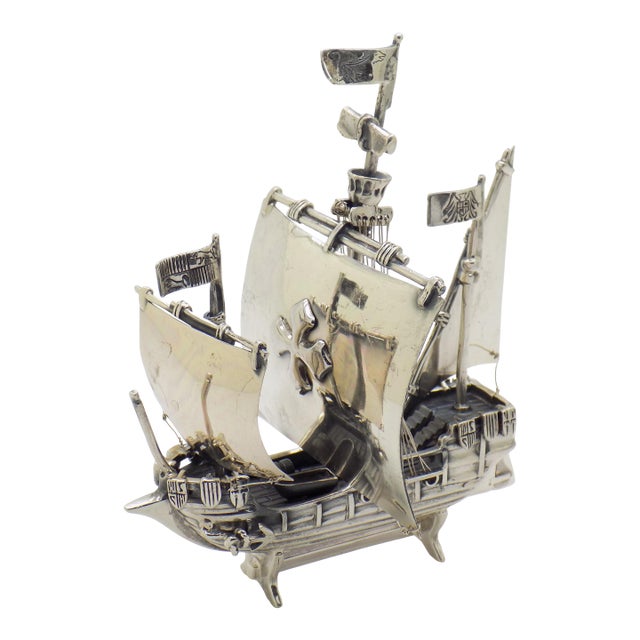 Vintage Italian Handmade Genuine Sterling Silver Large and Rare Crusade Sailing Ship Figurine For Sale
