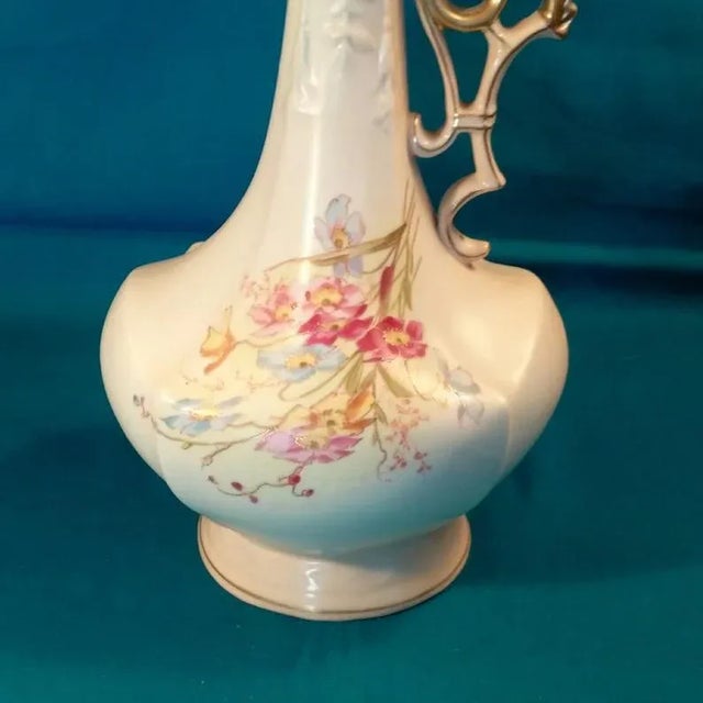 1900 - 1909 Antique Prussian Porcelain Ewer Rudolstadt Art Studio Hand-Painted Floral Pitcher-Shaped Vase For Sale - Image 5 of 6