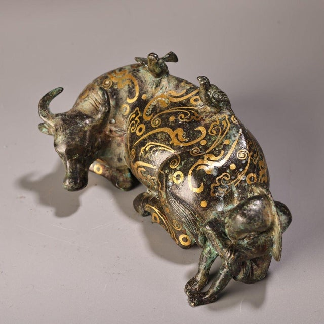 Asian Late 19th Century Gilt Bronze Ox With Herder Figurine, 1000g, Archaic Motifs For Sale - Image 3 of 9