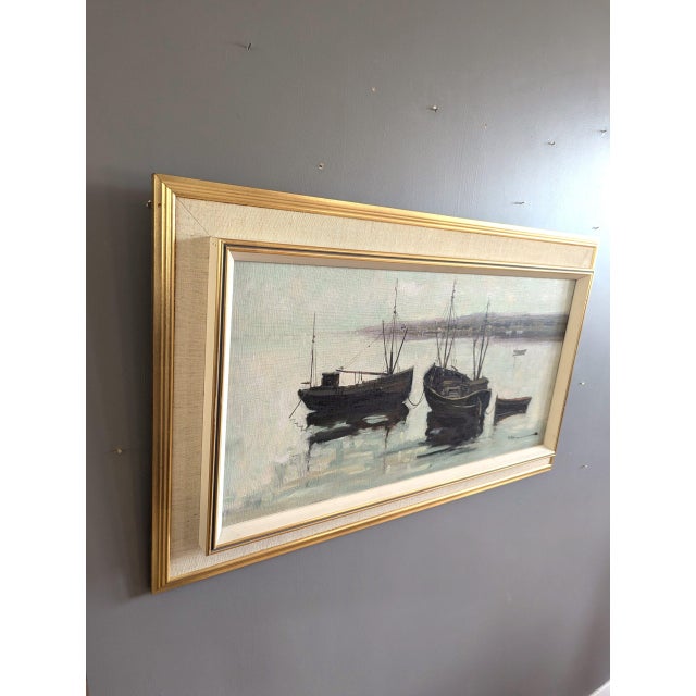Mid-Century Modern 'Tranquil Moorings' Vintage Original Swedish Impressionist Coastal Landscape Oil Painting, Framed For Sale - Image 4 of 11