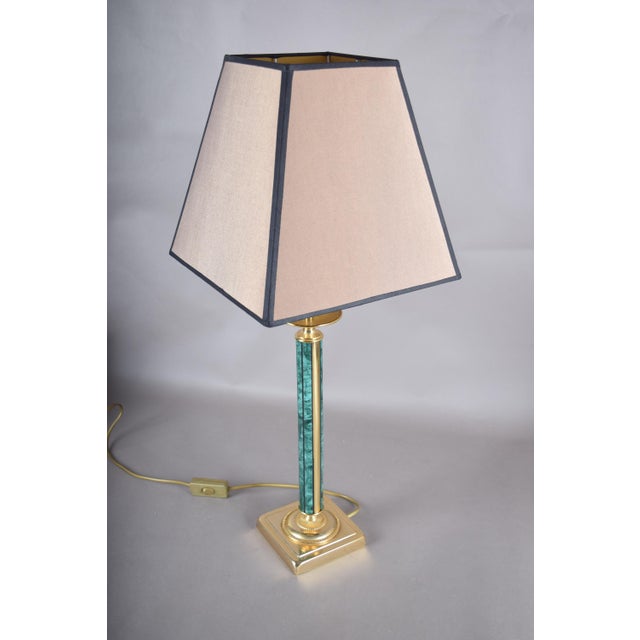 Beige Green Malachite-Style Column Table Lamp with Structured Shade, 1980s For Sale - Image 8 of 12