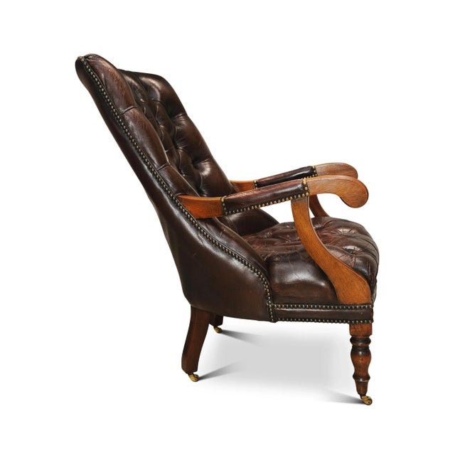 Wood William IV Brown Leather Chesterfield Library Chair on Castors For Sale - Image 7 of 8
