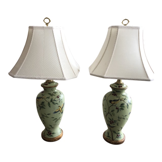 Bradburn Celadon Green Table Lamps With Birds and Foliage a Pair