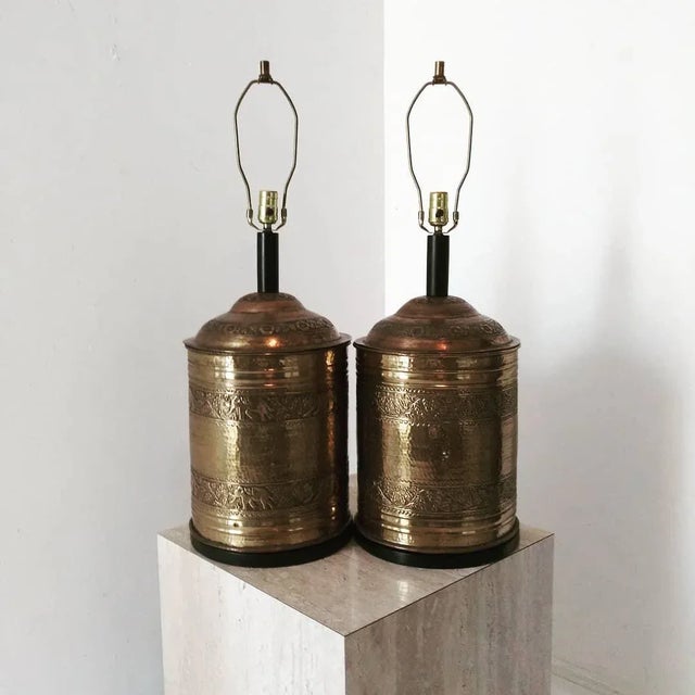 1950s Mid Century Brass Cylinder Lamps - a Pair For Sale - Image 5 of 13