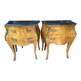 Pair Antique French Bombe Commode Chests Burlwood Black Marble-Top Brass Ormulu Louis XV Style Gilt Bronze Mounted Marquetry Nightstands For Sale