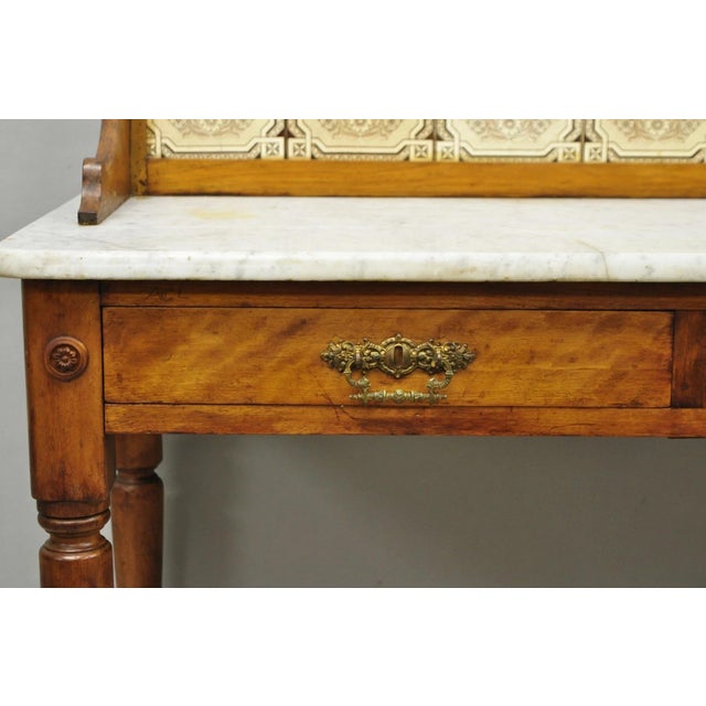 Antique Victorian Walnut Marble Top Washstand Good Luck Swastika Tile Backsplash For Sale In Philadelphia - Image 6 of 18