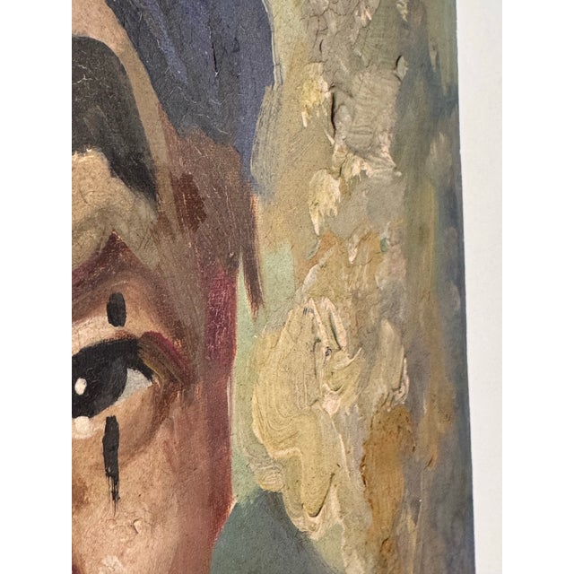 Textile 1960s Signed Original Oil Painting of a Somber Circus Clown in Blue For Sale - Image 7 of 12