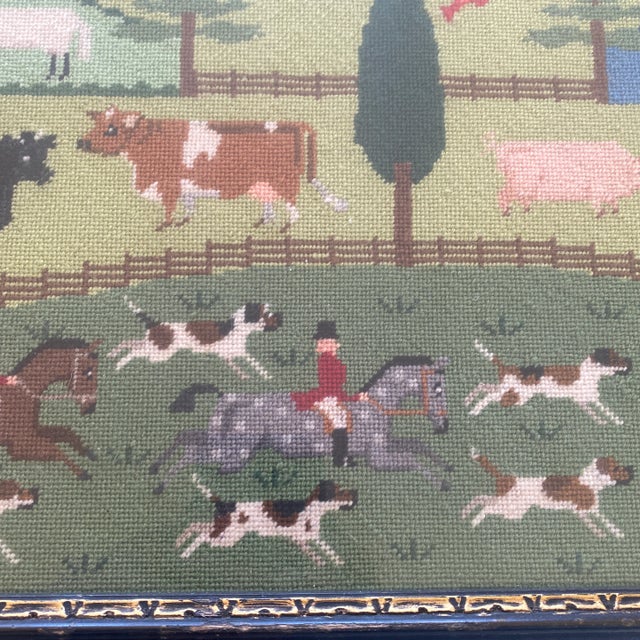 Green 20th Century Fox Hunt Framed Needlepoint Wall Hanging For Sale - Image 8 of 13