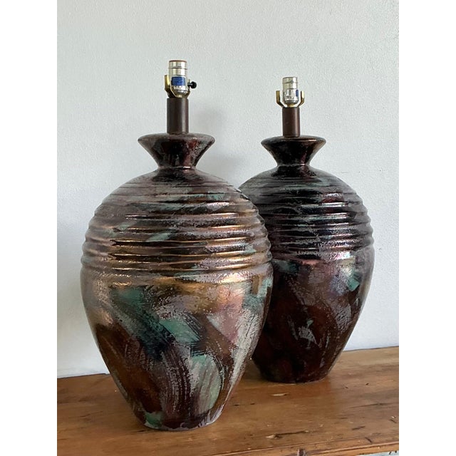 Vintage Glazed Metallic Ceramic Lamps - Set of 2 For Sale - Image 13 of 18