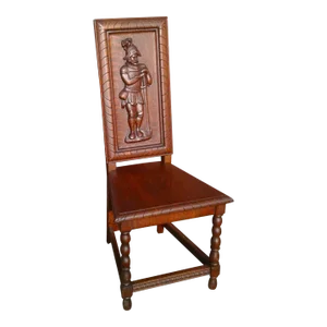 Early 19th Century Antique Signed Barry Quarter Sawn Tiger Oak Tall Single Chair With Conquistador Carved Back