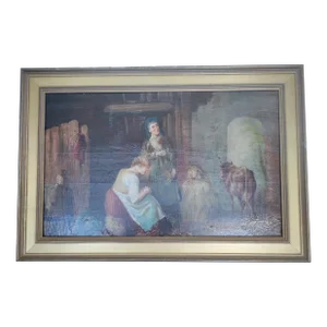19th Century Family Interior Genre Scene Oil Painting on Wood Panel, Framed