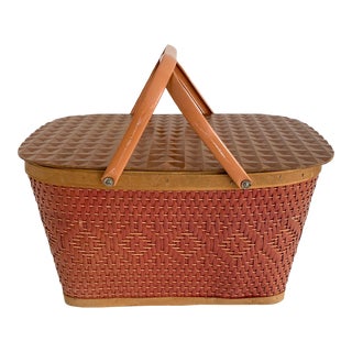 Classic Mid-Century Red Woven Picnic Basket For Sale