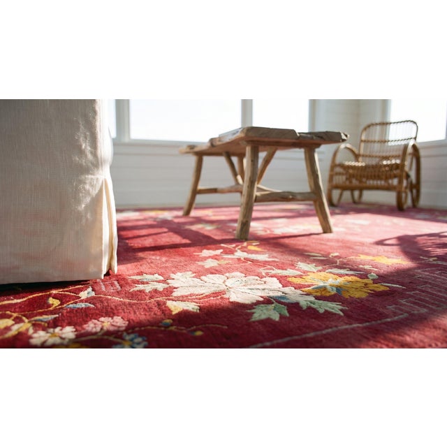 Adorable Red-Maroon Background Asymmetric Detail Floral Desing Antique Chinese Art Deco Rug For Sale - Image 11 of 12