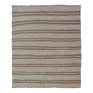 Vintage Turkish Kilim Rug With Ivory Ground and Light Brown Stripes For Sale