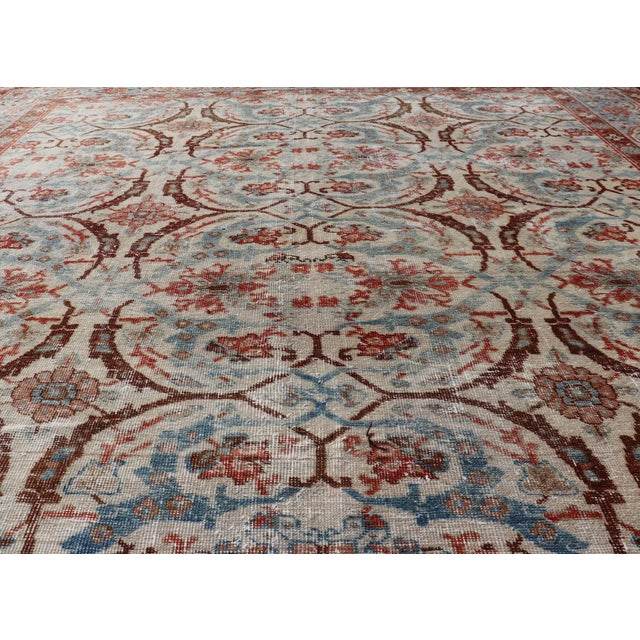 Antique Persian Tabriz Floral Circular Design in Ivory, Lt. Blue, Red, Brown 7'3 X 11'3 For Sale - Image 13 of 18