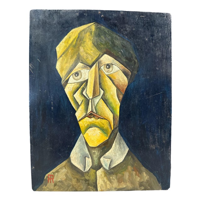 Alain Rigollier, Cubist Portrait, Oil on Wood, 1990s For Sale