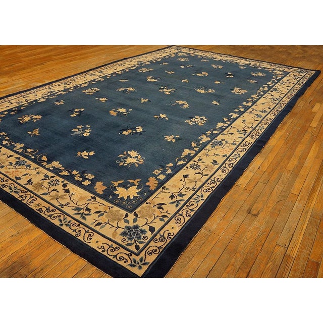 1900s Blue Traditional Floral Deco Antique Peking Chinese Knotted Wool Rug For Sale In New York - Image 6 of 10