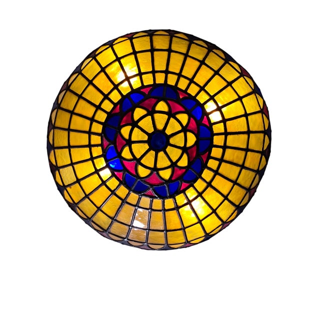 Vintage Colorful French Stained Glass Bowl/ Pendant Light Fixture For Sale - Image 4 of 18