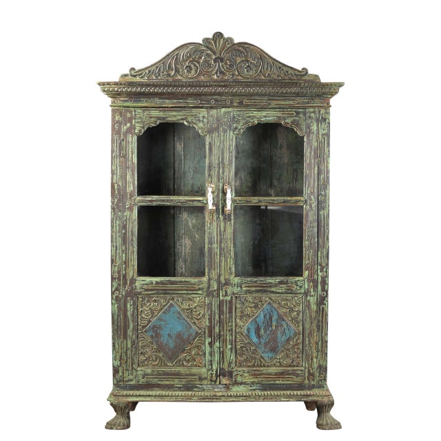 English Antique Anglo-Indian Carved and Painted Teakwood Armoire/Bookcase For Sale - Image 3 of 5