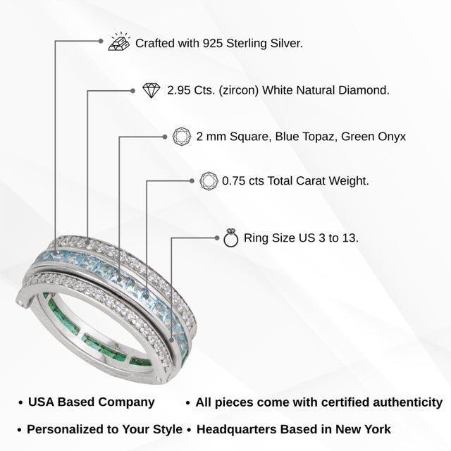 Modern 3.82 Ct Blue Topaz & Green Onyx Spinner Eternity Band Ring in 925 Sterling Silver Size 6 For Sale - Image 13 of 16