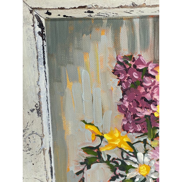 1984 Vintage Expressionist Floral Still Life Oil Painting in Distressed White Frame For Sale In Cincinnati - Image 6 of 10