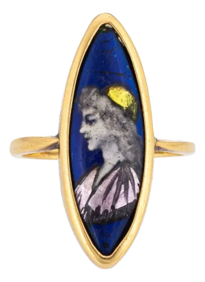 Vintage Art Deco Polychrome Enamel Ring Navette 18k Yellow Gold Sz 6.25 Portrait