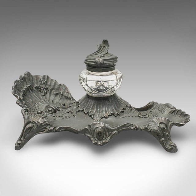 This is an antique Art Nouveau ink well. A French, pewter decorative pen tray, dating to the late Victorian period, circa...