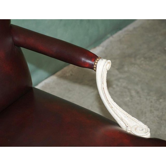 Vintage French Louis XV Style Oxblood Leather Armchair with Painted Frame For Sale - Image 11 of 18