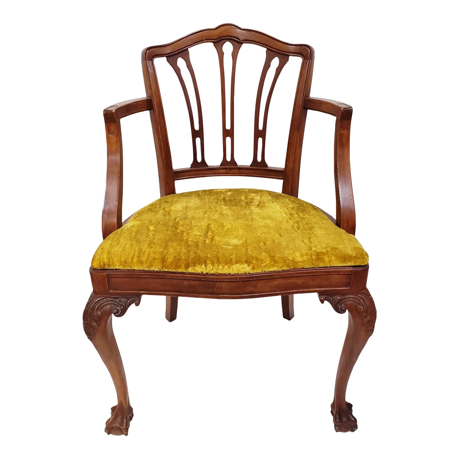 Antique 20th C American Chippendale Carved Mahogany & Upholstered