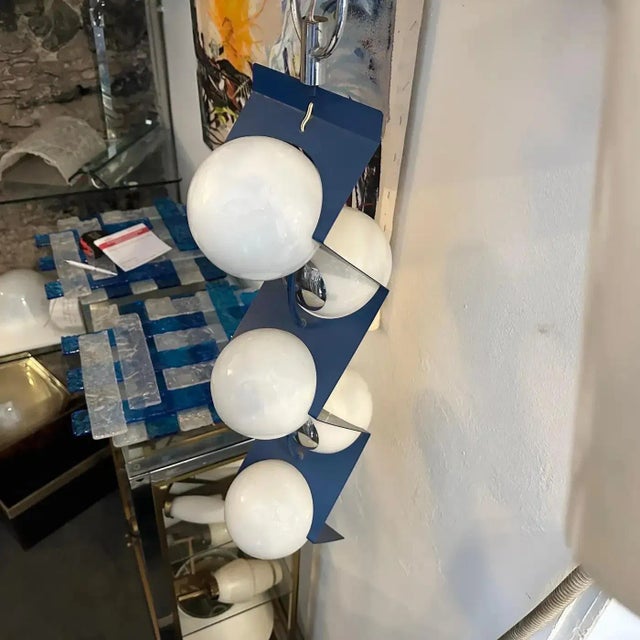 1970s 1970s Space Age Blue Metal and White Glass Italian Pendant For Sale - Image 5 of 11