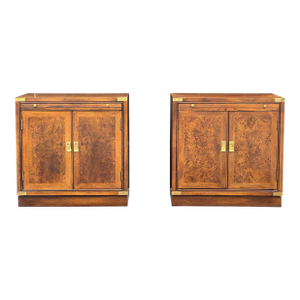 Hickory Manufacturing Company Mid Century Burlwood and Brass Nightstands - Pair