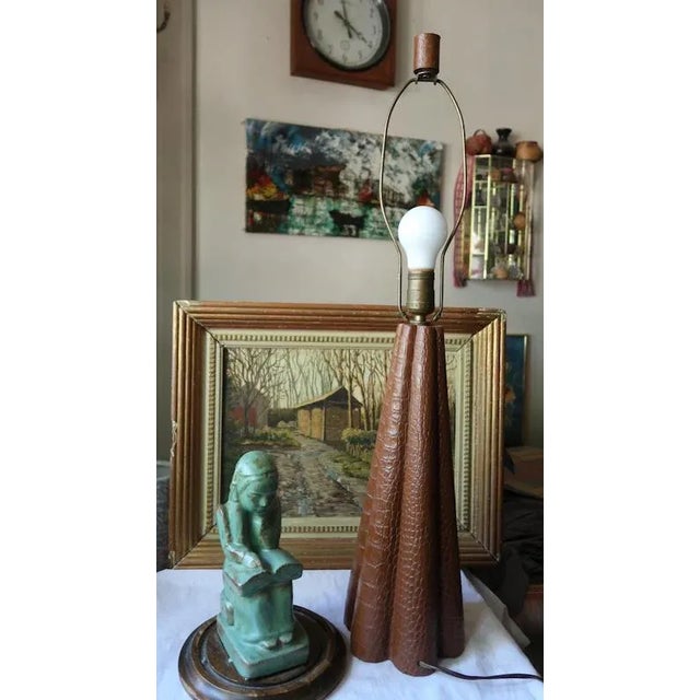 1940s Table Lamp Embossed Leather and Brass Attributed to Paul Dupré-Lafon For Sale - Image 11 of 11